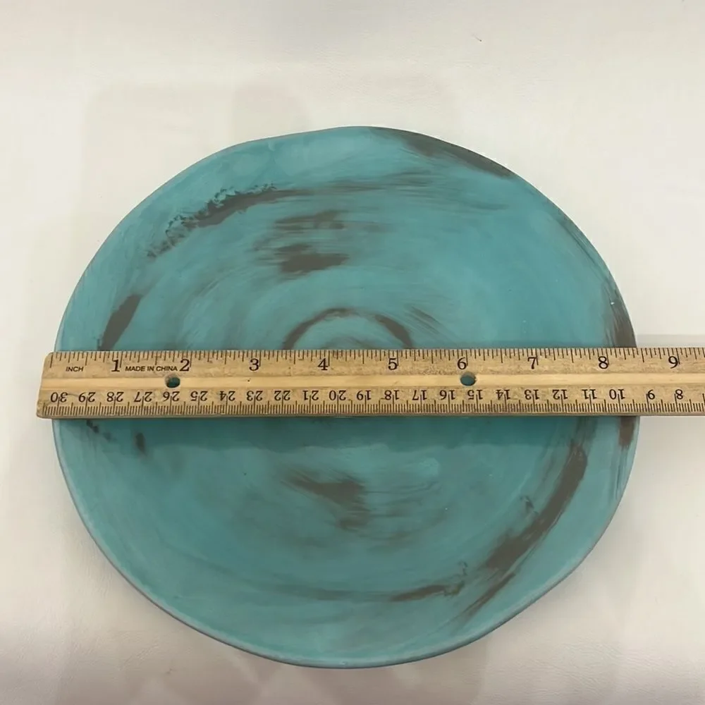 Italy Turquoise Swirl Plate Handmade Painted Distressed Exquisite 8 1/2 In Round